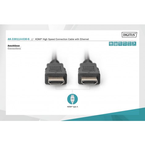 Digitus | HDMI High Speed with Ethernet | Male | 19 pin HDMI Type A | Male | 19 pin HDMI Type A | 3 m | Black - 4